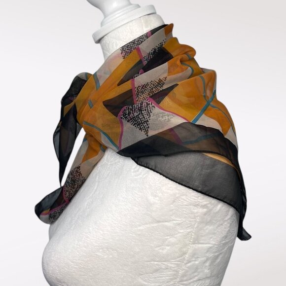 Echo Italy Sheer Square Scarf Geometric Black Orange Pink - Picture 4 of 7